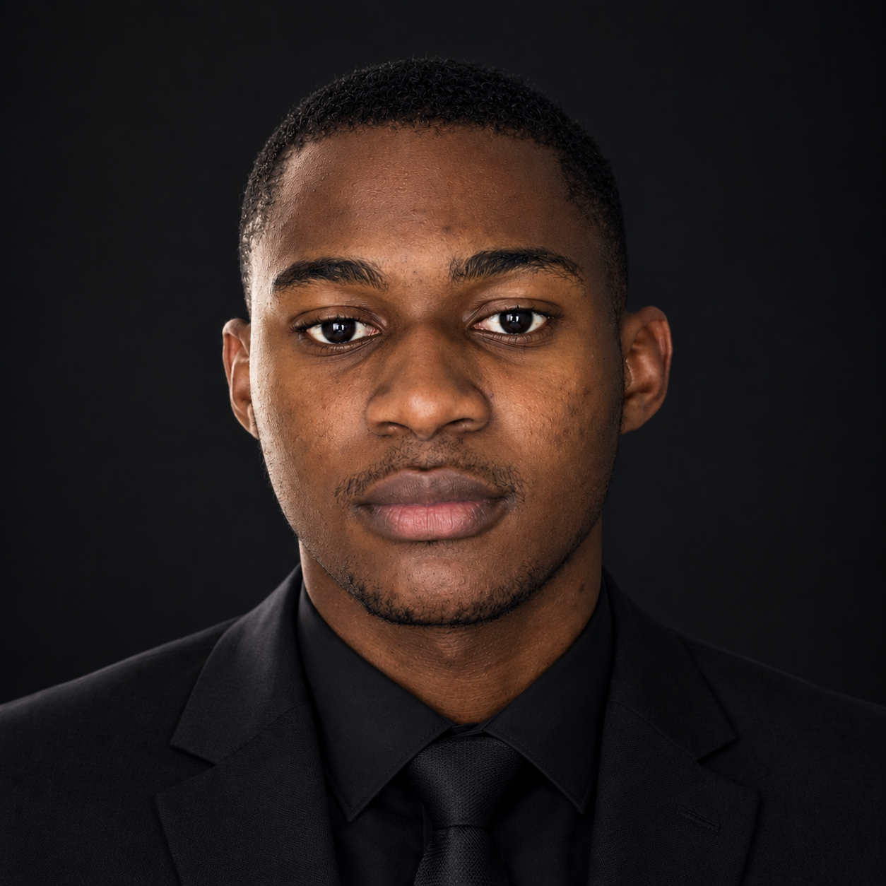 Alcides in a black suit against a dark studio background